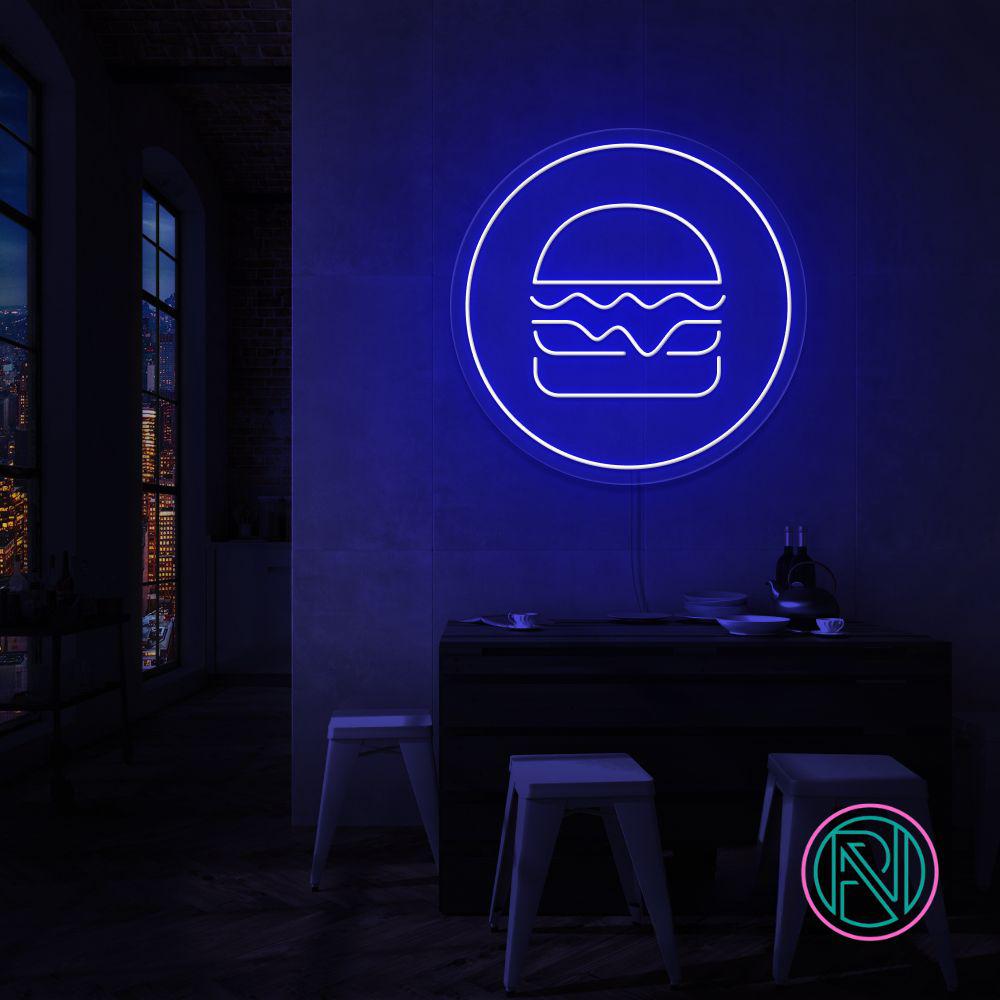 "Hamburger i sirkel"Led neonskylt. Välj önskad färg.